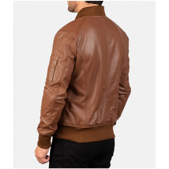 Mens MA 1 Flight Brown Leather Bomber Jacket